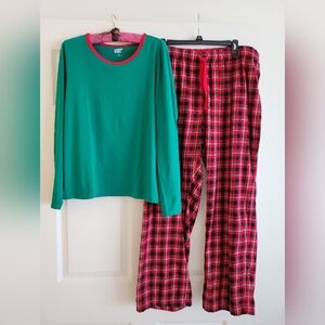 Lands End Pajamas Knit Long Sleeve Top And Flannel Pants Size XL